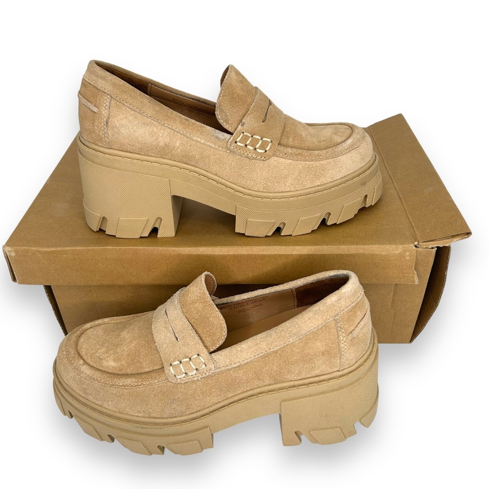 NWT Steve Madden Beth Penny Loafer in Sand Suede Chunky Lug Sole Slip On Tan NEW